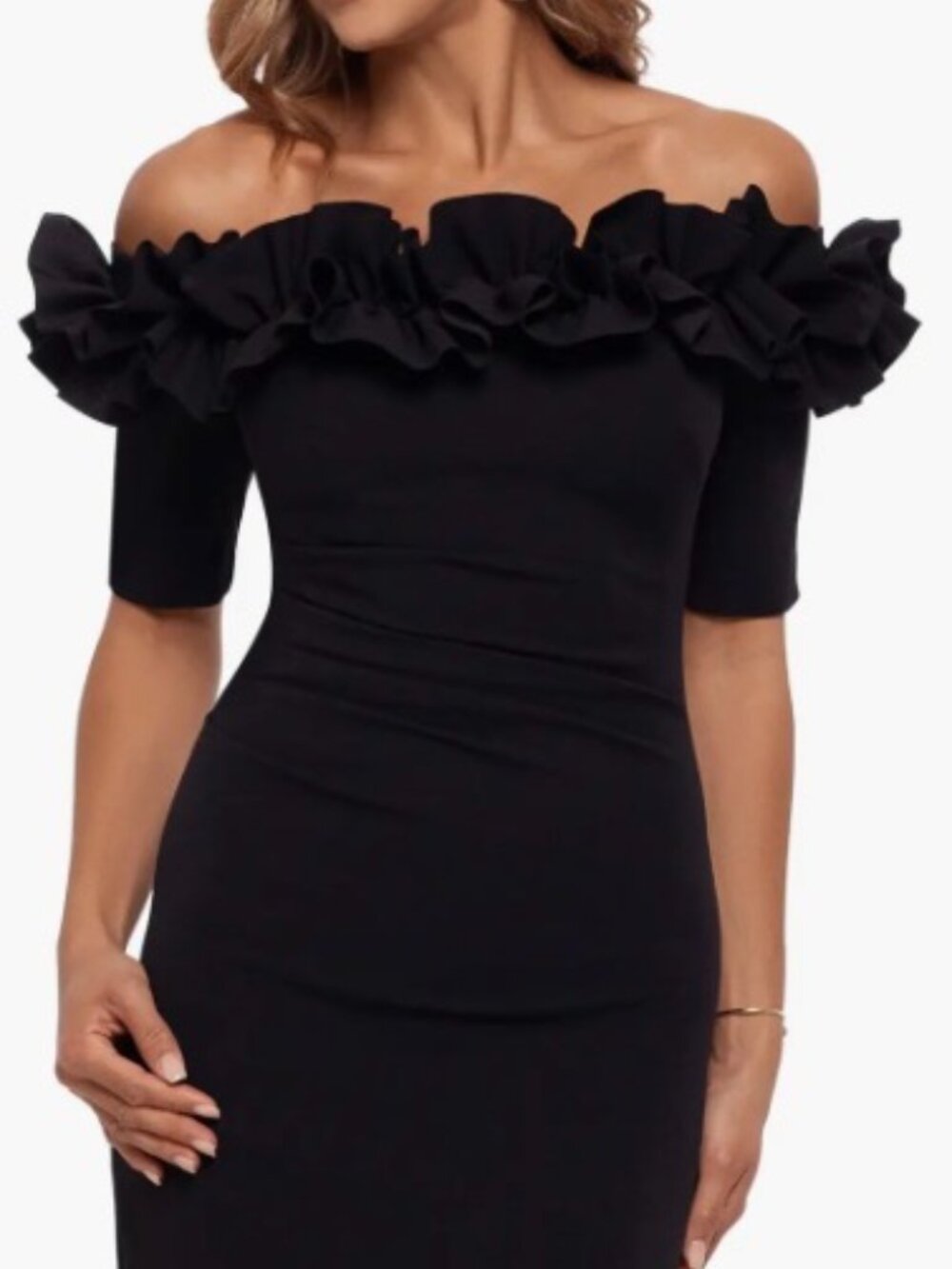 NWOT Escape Ruffle Off-the-Shoulder Crepe Ruched Back Column Gown. Size 4